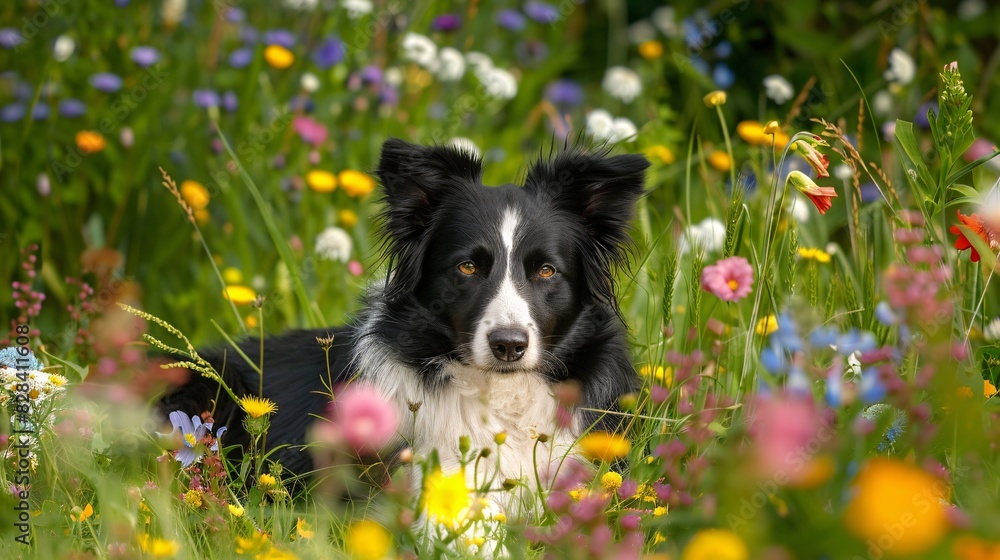 A black tricoloured border collie rests in a meadow filled with blooms during a bright summer afternoon. A black tricoloured border collie rests in a meadow filled with blooms during a bright summer afternoon.