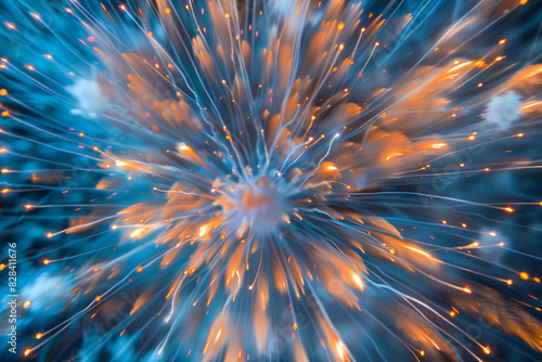 Sparkling tangerine and azure bursts reminiscent of Fourth of July fireworks.