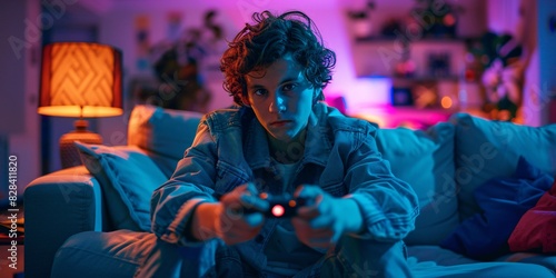 An uninterested individual participates in an online gaming tournament, mindlessly pressing buttons on a controller in a brightly lit living space. photo