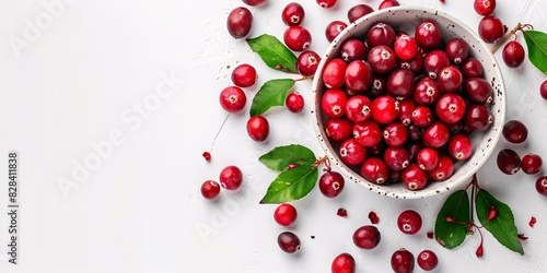 A dish of recently picked cranberries displayed from above on a white surface.