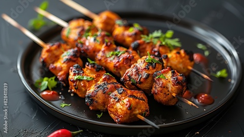 tandoori chicken skewers on a black plate, food photography