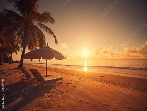 Beautiful sunset beach, sun lounger and umbrella on a sandy beach by the sea