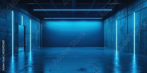 wide shot, minimal setting, ambient light, blue lights, studio light, studio background