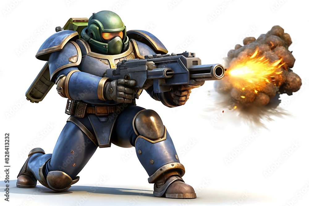 A determined cyborg warrior firing with his big gun , isolated on white background
A determined cyborg warrior firing with his big gun , isolated on white background