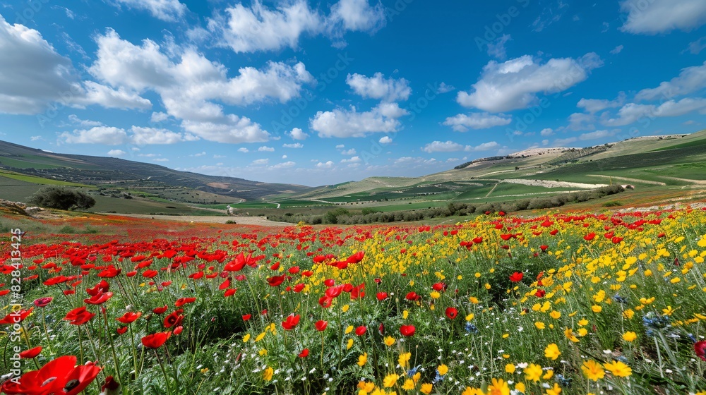 Vibrant tapestry of crimson poppies and golden sunflowers. South edge of the Holy Land. Ideal conditions for an outdoor feast. Tranquil early spring day. Vibrant tapestry of crimson poppies and golden sunflowers. South edge of the Holy Land. Ideal conditions for an outdoor feast. Tranquil early spring day.