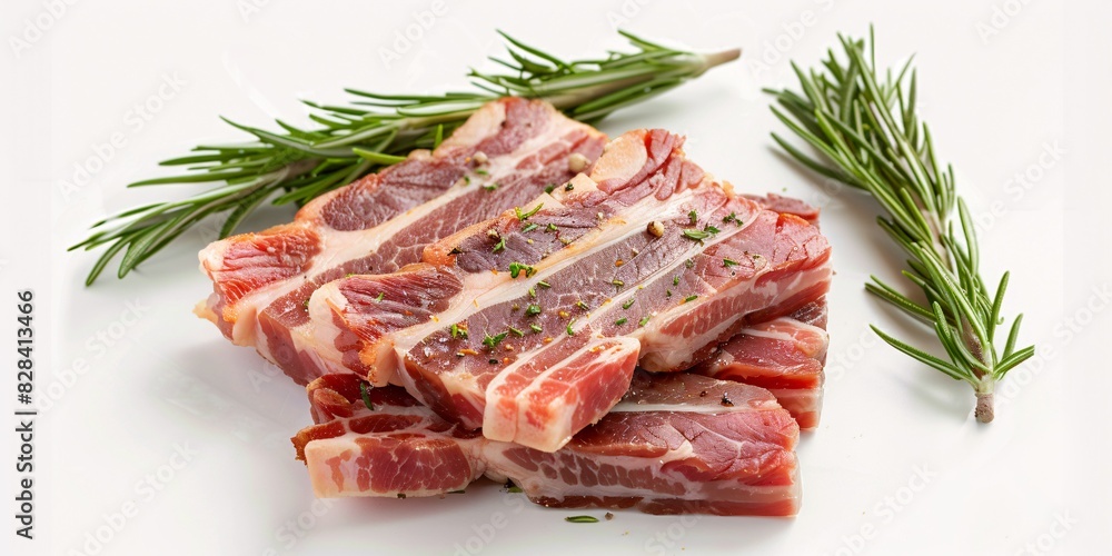 Uncooked pork belly on a white backdrop.