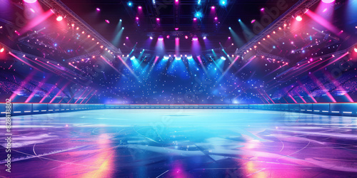 An ice skating rink illuminated with colorful lights and a vibrant atmosphere.