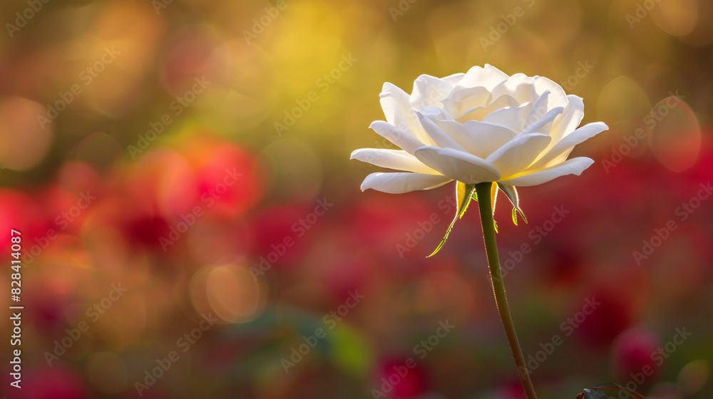 Obraz premium White rose, bokeh background, floral beauty. A single white rose in bloom stands out against a blurred background of warm, vibrant colors, evoking a sense of serenity and beauty.