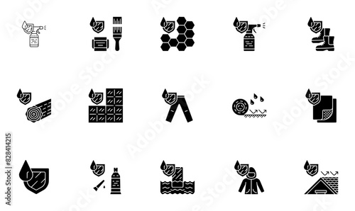 Set Of Linear Waterproof Vector Symbols Apps, Websites Ui Designs Suitable For Impervious,Repellent,Waterproof,Liquid,Water Simple Black Style Symbol Sign For Apps And Website, Vector Illustration