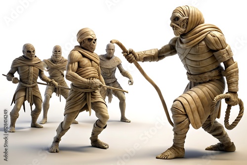 A daring adventurer wielding a whip, facing off against a group of ancient mummies in a cursed tomb, isolated on white background. 