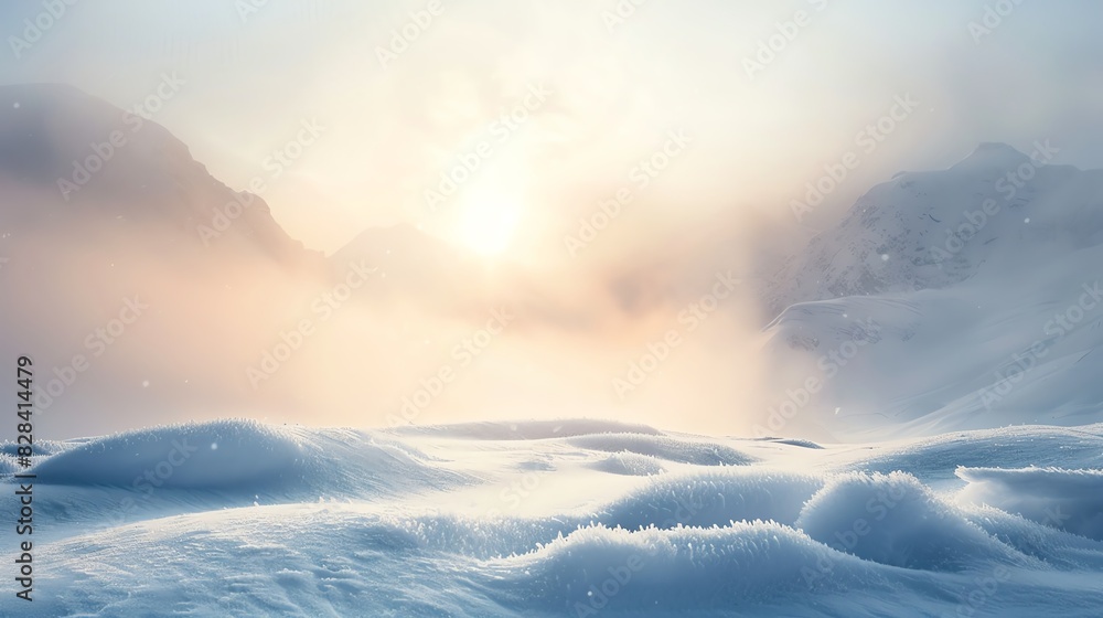 A picturesque snowy landscape with a bright sun peeking through the clouds. The frozen ground and mountain peaks create a serene and tranquil scene. A picturesque snowy landscape with a bright sun peeking through the clouds. The frozen ground and mountain peaks create a serene and tranquil scene.