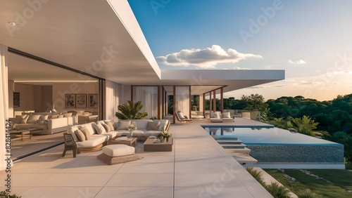 A stunning architectural rendering of a contemporary villa with an open-concept living area, surrounded by lush greenery and a stunning view. © Sabit