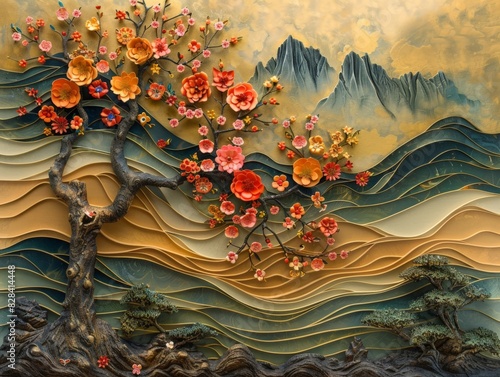 This image showcases a vibrant and textured artwork of a tree. The branches spread out across the canvas, adorned with leaves and flowers in various shades of blue, orange, pink, and cream