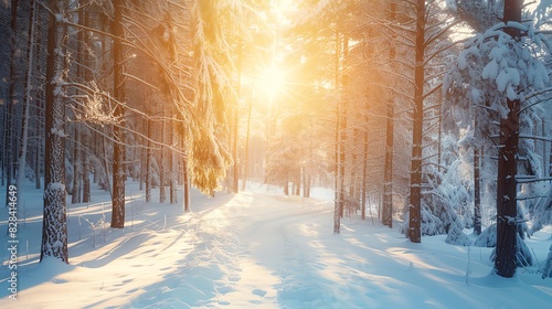 A sun-drenched path winds through a snowy, winter forest. Sunlight streams through the trees, casting long shadows on the pristine white landscape.