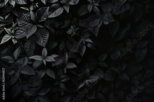 Black and white photo of a bunch of leaves, black background 