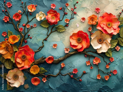 This image showcases a vibrant and textured artwork of a tree. The branches spread out across the canvas, adorned with leaves and flowers in various shades of blue, orange, pink, and cream