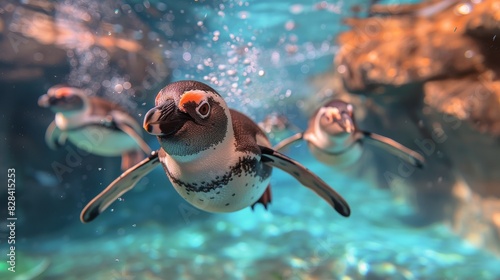 Group of Penguins Swimming in the Water photo