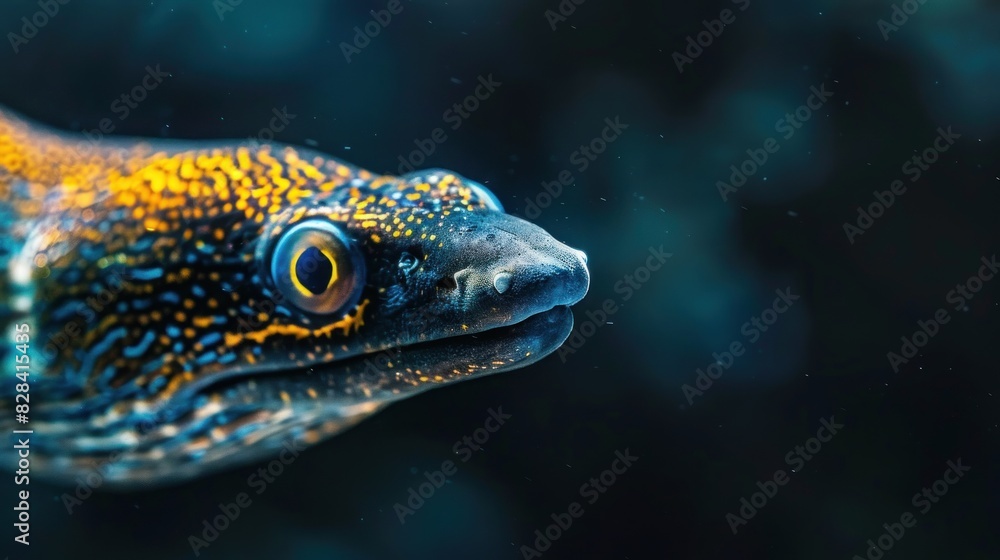 Close-up of a large colorful sea eel swimming alone under the sea. Close-up of a large colorful sea eel swimming alone under the sea.