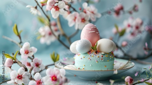Springtime dessert and decorated eggs on flowering twig