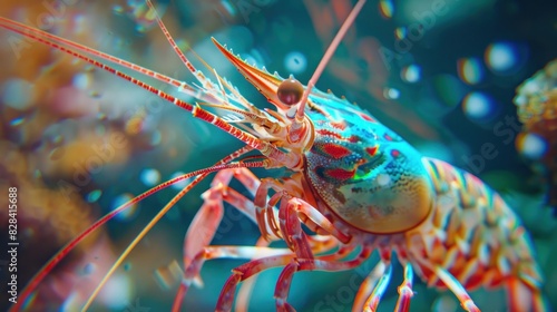 Close-up of a large colorful shrimp swimming alone under the sea.