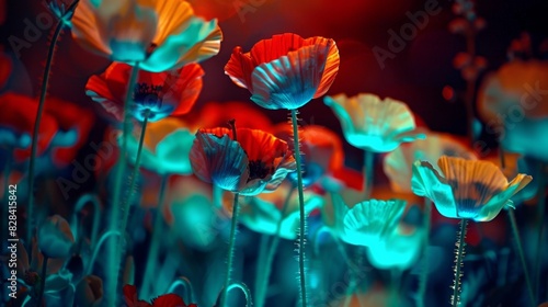Vibrant poppies blooming in surreal neon colors