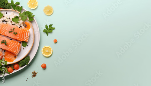 A plate of food with a piece of salmon on it photo