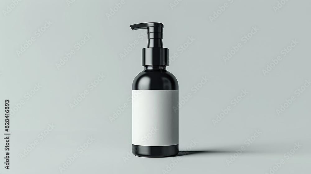 A black bottle with a white label sits on a white background A black bottle with a white label sits on a white background