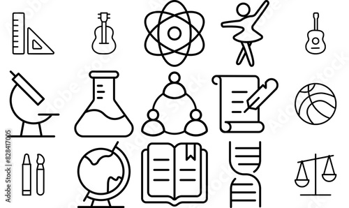 Set Of Linear Subjects Icons Silhouette Vector Logo Design Containing Scale,Experiment,Science,Music,Paint-Brush Simple Black Style Symbol Sign For Apps And Website, Vector Illustration