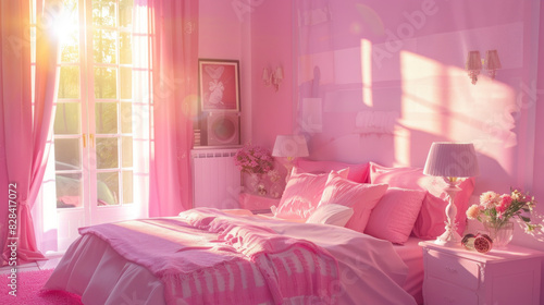 A pink bedroom decorated with cute lamps and lit by sunlight.