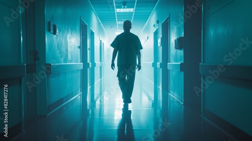 Hospital corridor with walking healthcare professional in scrubs