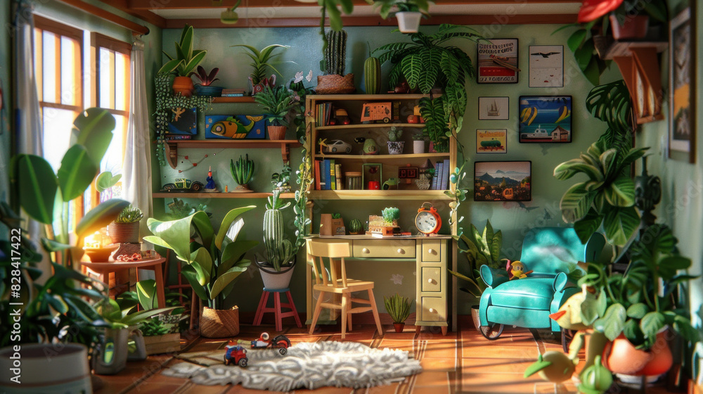 A small vacation home, toys on the shelves and plants all around