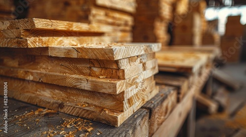 stacked wooden boards in a woodworking industry. stacks with pine lumber. folded edged board