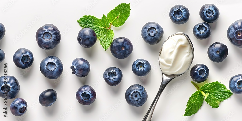 A utensil with yoghurt, blueberries, and mint on a white background. A utensil with yoghurt, blueberries, and mint on a white background.