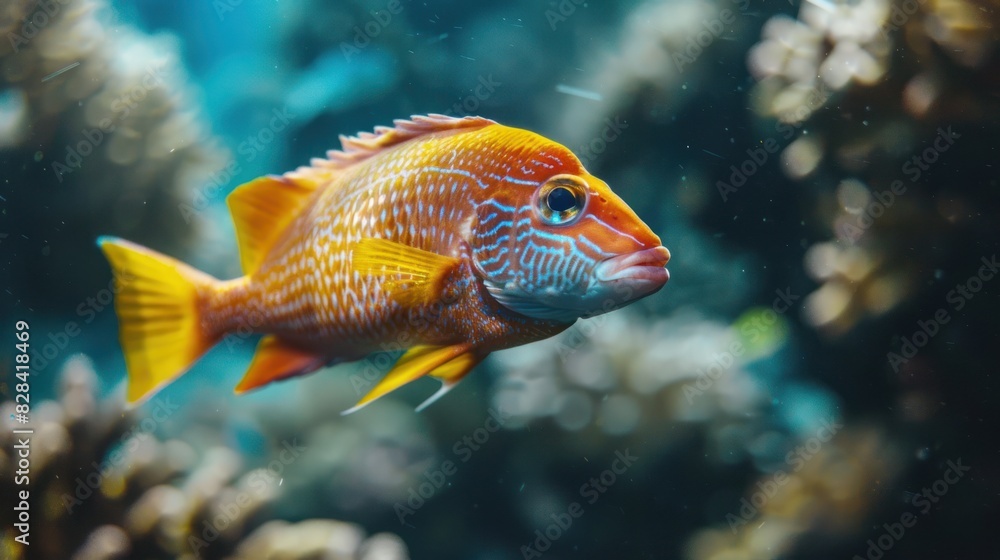 Close-up of a lone, colorful boar fish swimming under the sea. Close-up of a lone, colorful boar fish swimming under the sea.
