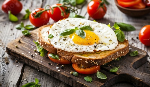 Healthy breakfast with sunny side up egg on wholegrain toast with tomatoes and basil