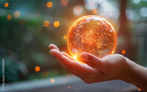 A glowing orb of light held in a hand, symbolizing technology, innovation, and futuristic concepts with a blurred natural background.