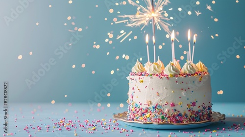 Birthday cake with vivid candles and sparklers against a blue backdrop, perfect for a celebration with space for text photo