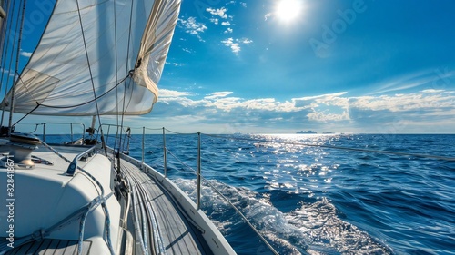 Sailboat Gliding on Blue Ocean Under Bright Sunlight