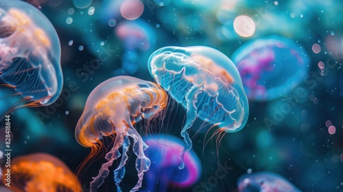 Close-up of colorful jellyfish swimming under the sea.