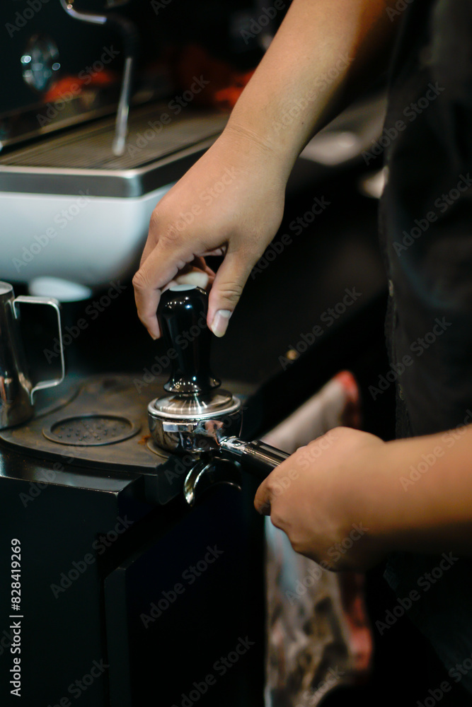 Close up of barista prepare to make coffee Close up of barista prepare to make coffee