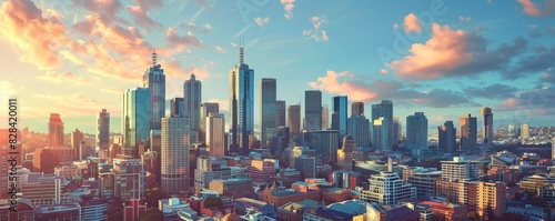 A city skyline with a beautiful sunset in the background. The city is bustling with activity and the sky is filled with clouds
