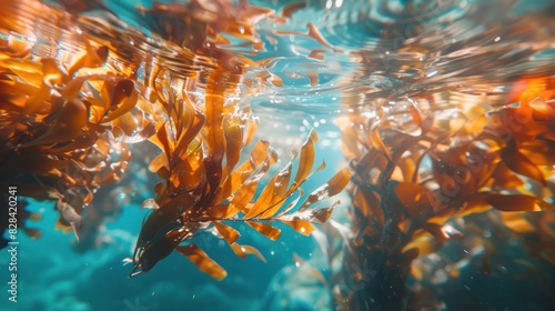 Close-up of large colorful seaweed swimming alone under the sea.