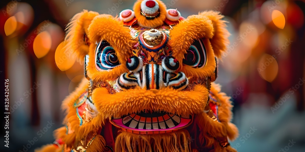 Fototapeta premium Vibrant Chinese lion adorned in traditional splendor evoking cultural festivities and symbolism. Concept Chinese Culture, Lion Dance, Festive Celebrations, Traditional Costumes, Cultural Symbolism