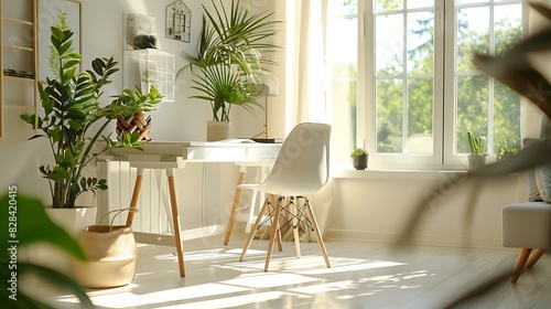 Bright and airy home office with an ergonomic chair  clean desk  and natural light.