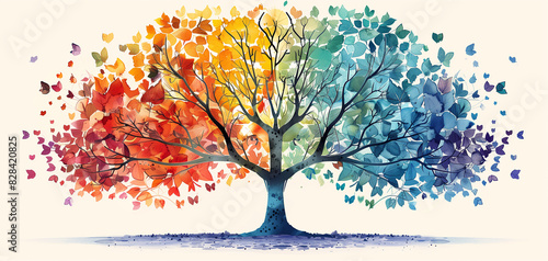 Vivid tree illustration depicting four seasons with colorful leaves transitioning from autumn to winter to spring and summe photo