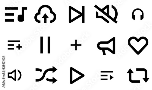 A Collection Of Music Application Vector Symbols Apps, Websites Ui Designs Suitable For Upload,Speaker,Track,Plus Set Vector Flat Line Icons