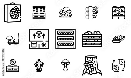A Collection Of Mushroom Farm Plant Icons Silhouette Vector Logo Design Containing Farm,Vegetable,Growing,Mushroom-Farm,Mushroom Vector Illustration Linear Pictogram Pack