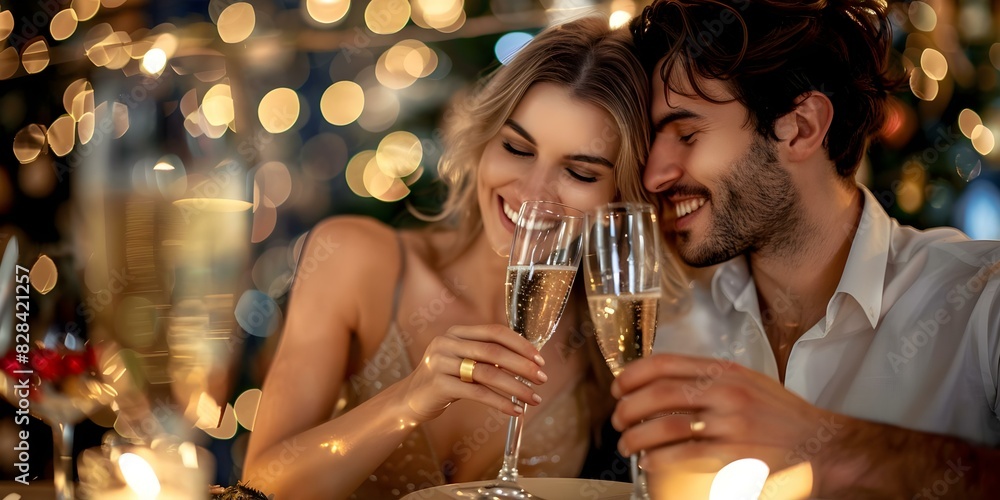 A couple toasting with champagne while joyfully embracing at a festive event. Concept Couples Photoshoot, Champagne Celebration, Festive Event, Joyful Embrace A couple toasting with champagne while joyfully embracing at a festive event. Concept Couples Photoshoot, Champagne Celebration, Festive Event, Joyful Embrace