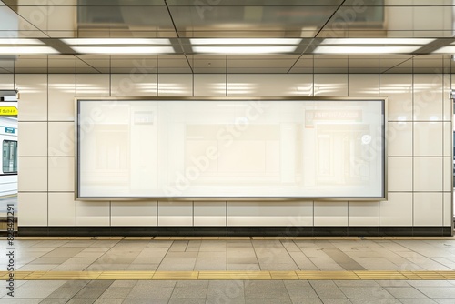 A large white billboard sits in a subway station. The billboard is empty and has no writing on it. Scene is calm and peaceful, as the empty billboard stands out against the busy subway environment