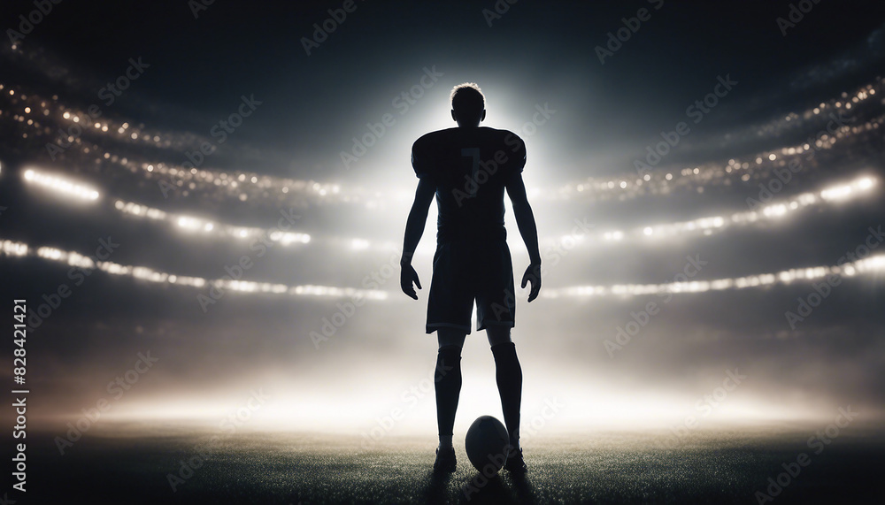 Fototapeta premium Silhouette of a professional football player. The background is dark and the warm spotlights is on 